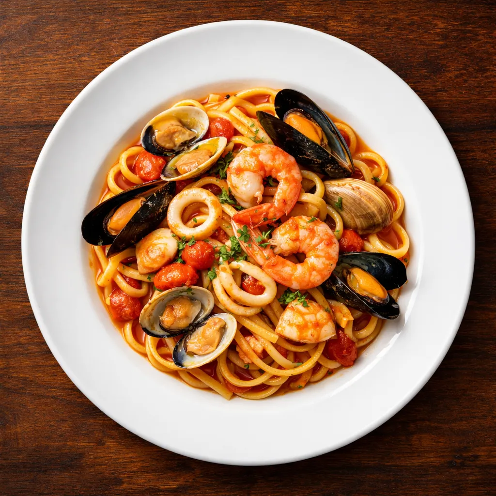 Linguine alla Pescatora - Baby clams, shrimp, squid and mussels in red sauce